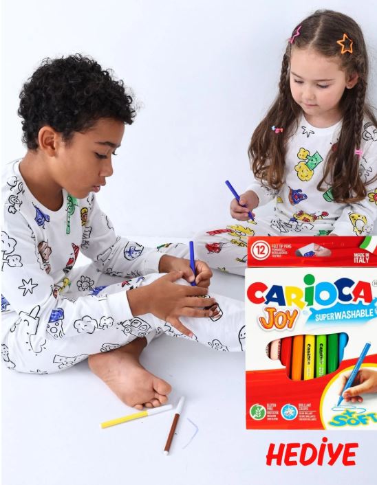 En Sevimli Figürler Özel Kalemi ile BOYANABİLİR Çocuk Pijama Takımı Kısa ve Uzun Kollu ( 12'li Kalem Seti Hediye )